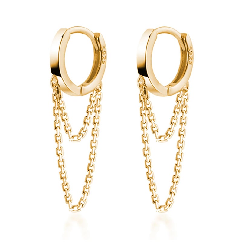 Reffeer Solid 925 Sterling Silver Tassel Chain Drop Dangle Small Hoop Earrings Huggie for Women Teen (C-Gold) - Image 1